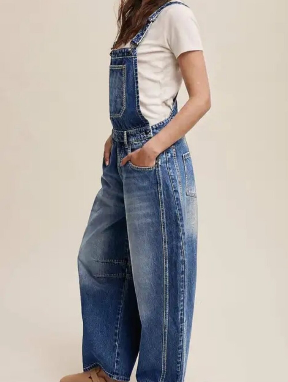 Flamingals Wash Patch Pocket Stitch Detail Barrel Leg Denim Overalls NWT - Picture 2 of 16